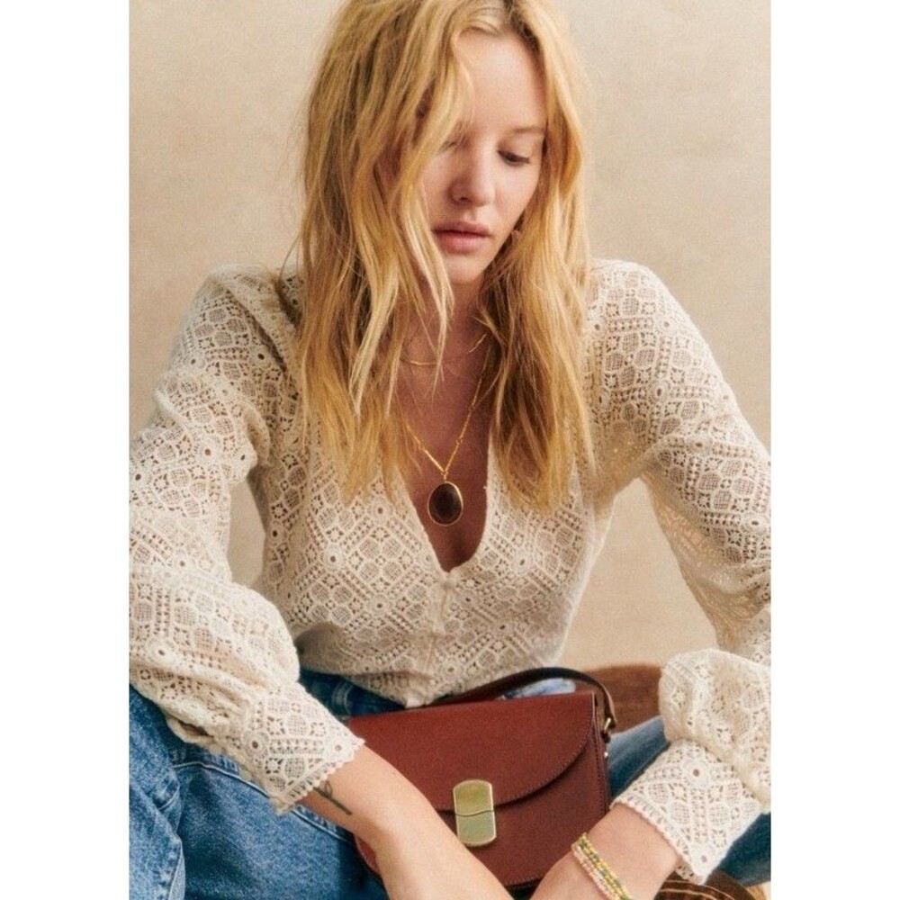 Sezane Gaya Blouse Women’s 44 Long Sleeve Laced V Neck Boho